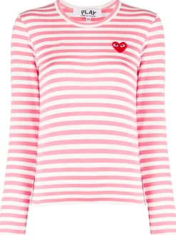 Comme des Garcons Play Unisex T-shirt LS Red Emblem Genser Stripet Rosa