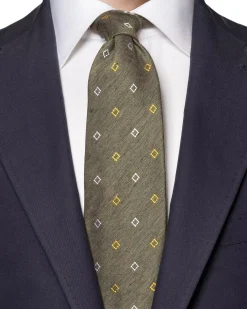 Eton Geometric Silk Linen Tie Slips Mørkegrønn